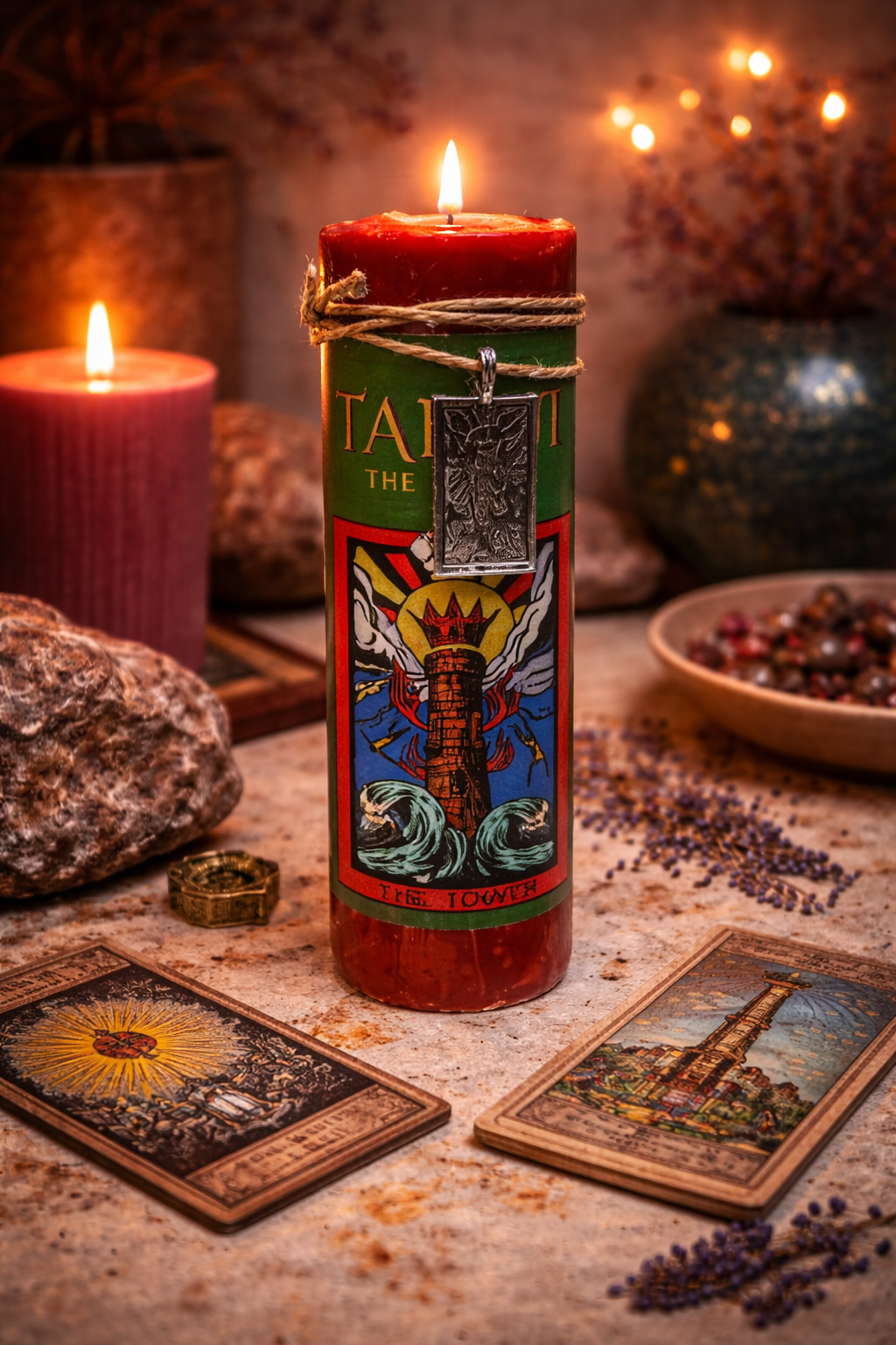 Decorative candle with tarot design on a mystical table with candles and cards.