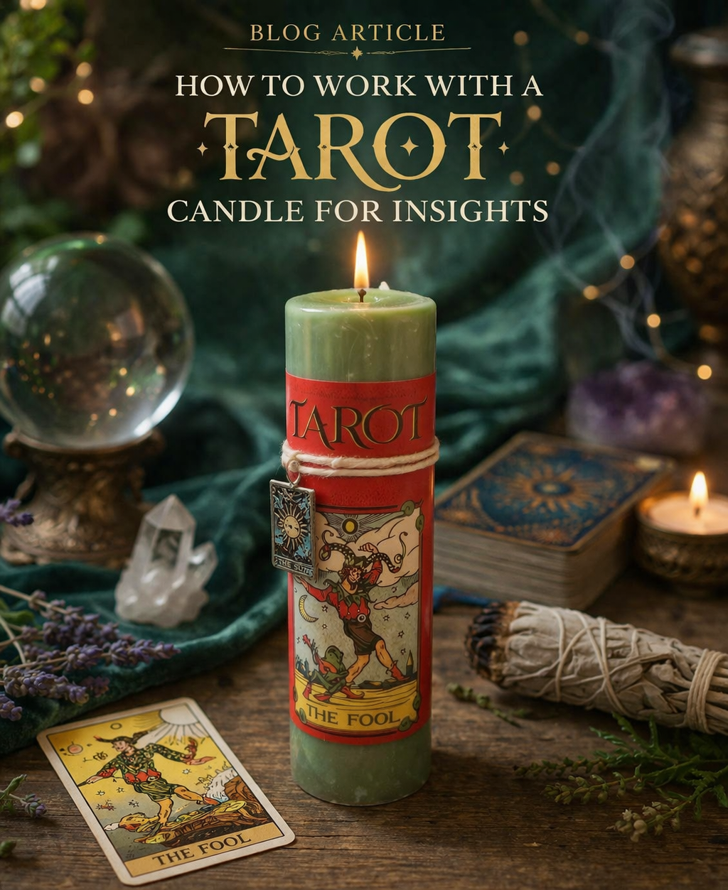 Tarot candle with tarot card and crystal ball on a wooden surface