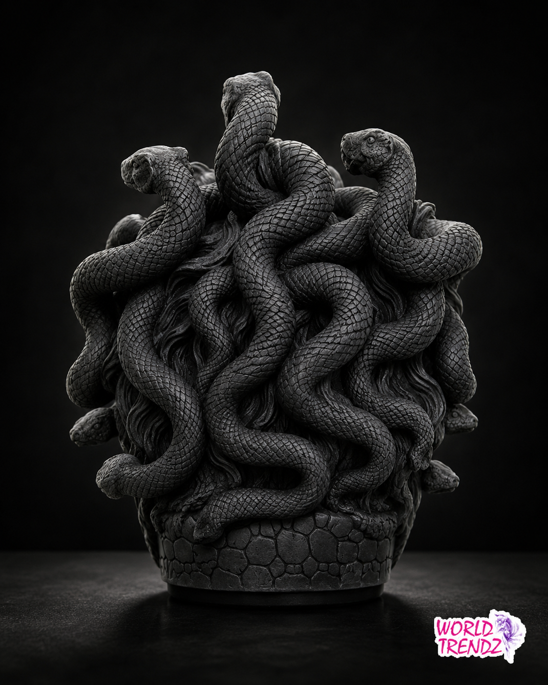 A dark gray resin statue of Medusa, featuring multiple coiled snakes with detailed scales emerging from a textured stone-like base, set against a solid black background.