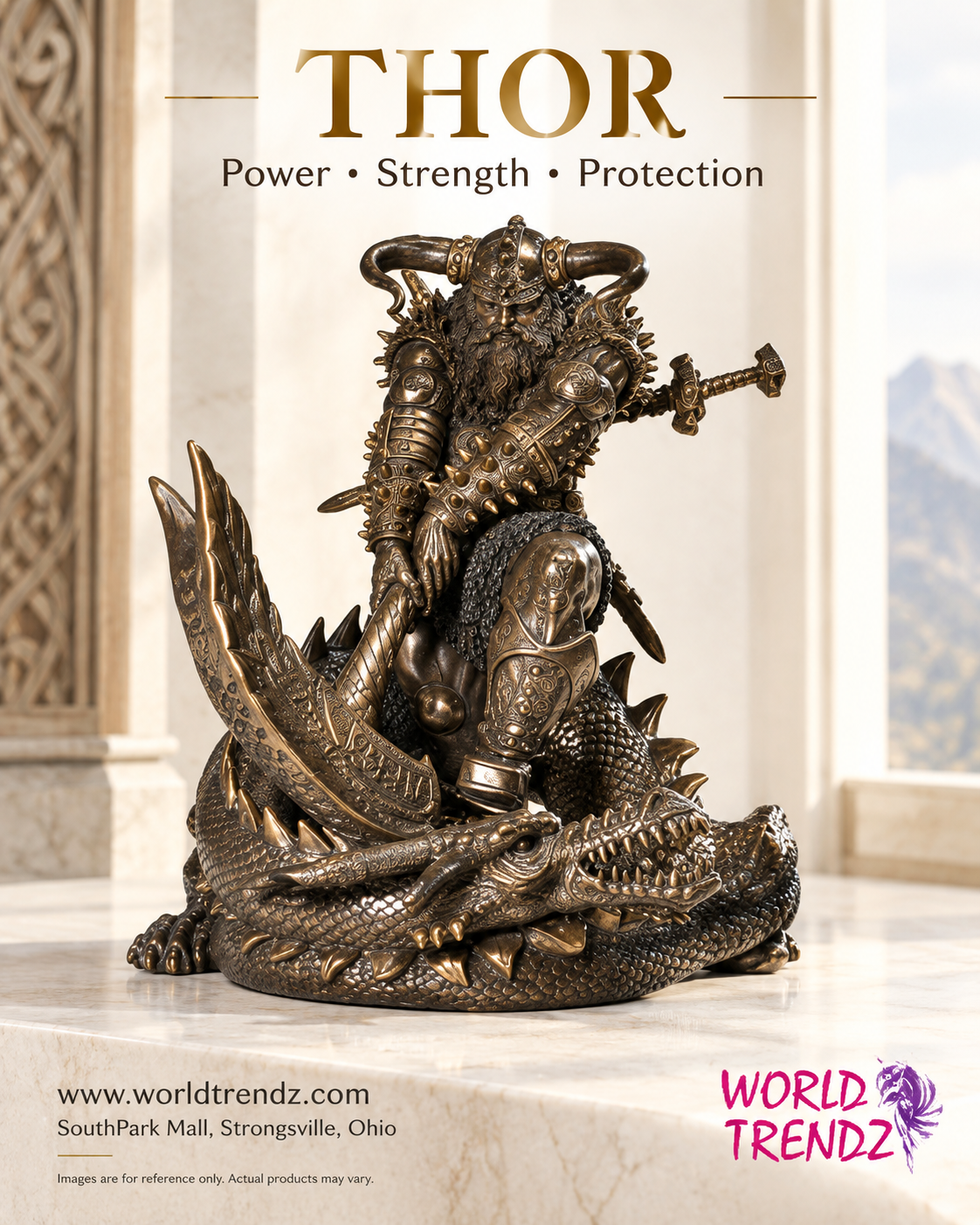 Bronze-finished Thor statue on a dragon, displayed indoors with large windows and architectural columns in the background. The image includes the text 'THOR Power Strength Protection' at the top, website text at the bottom left, and a 'WORLD TRENDZ' logo at the bottom right.