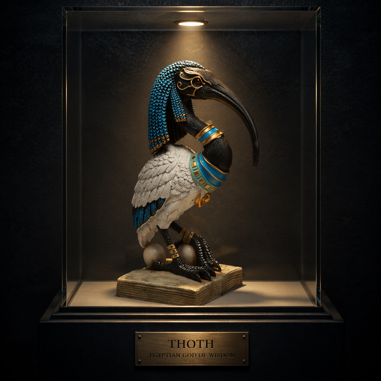 Decorative figure of Thoth in a glass display case with a dark background
