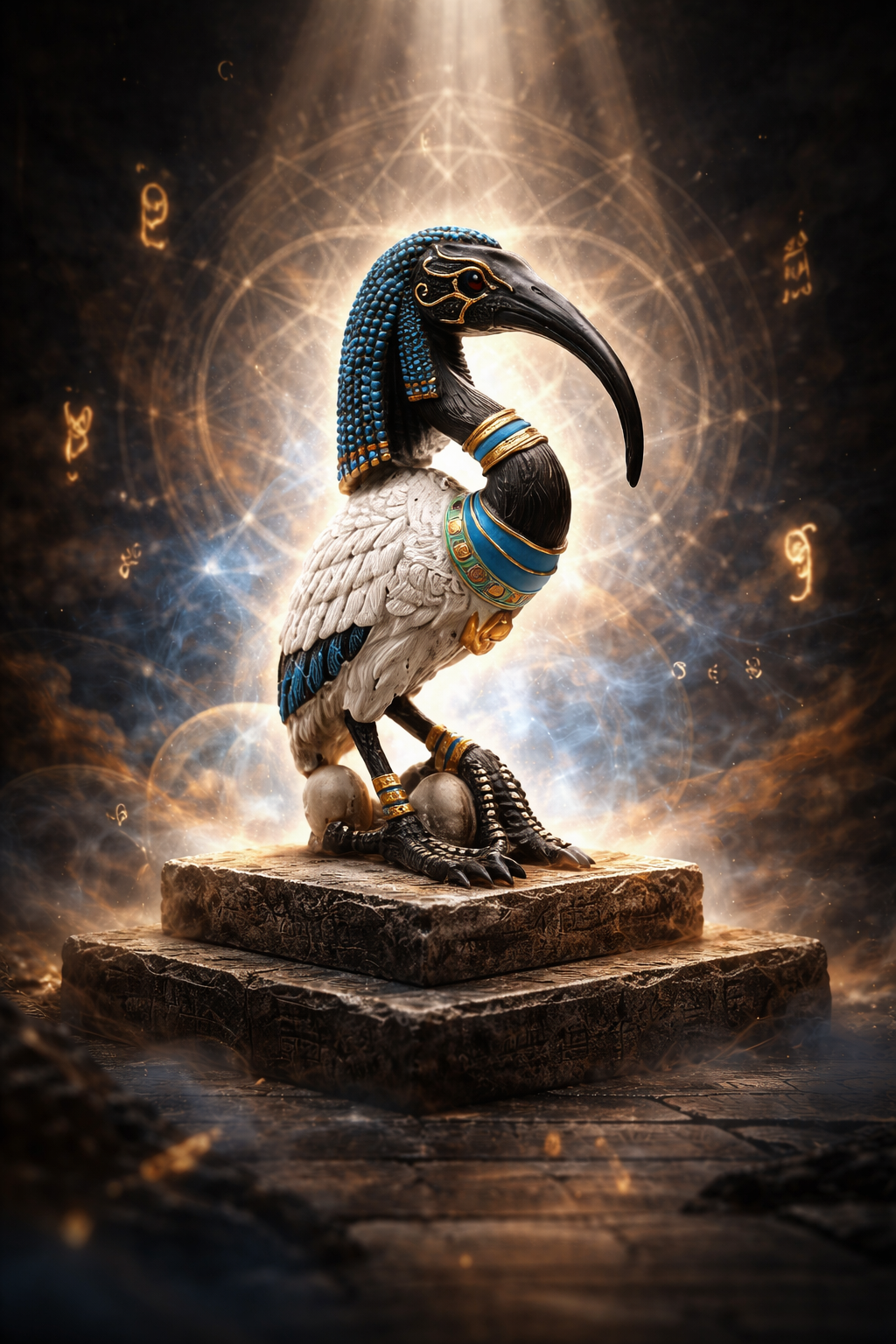 Statue of a bird-like creature with blue headdress on a pedestal in a mystical setting