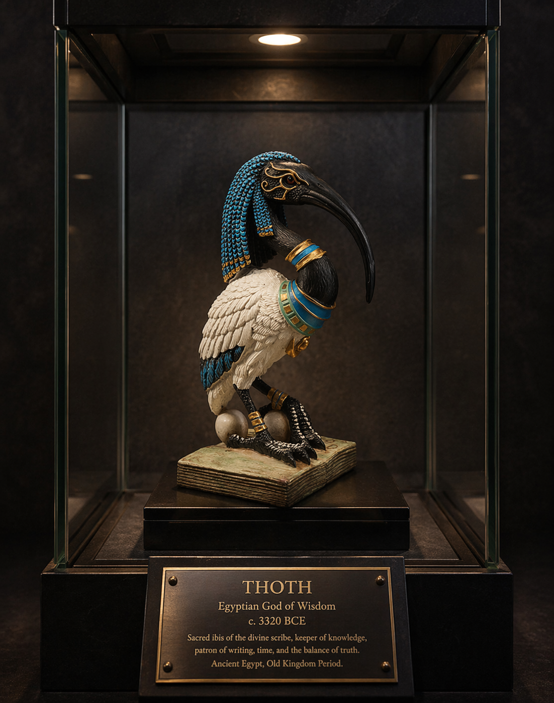 Statue of Thoth, the Egyptian God of Wisdom, in a glass display case.