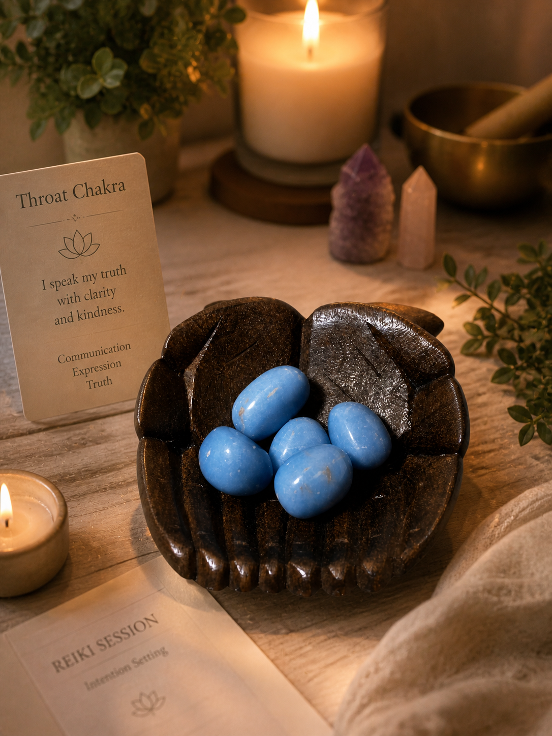 A holistic healing setting with warm, ambient lighting. The Angelite gemstone is framed with a soothing, therapeutic mood—suggesting use in energy healing sessions such as Reiki or chakra alignment. Subtle glow, calming tones, and a peaceful atmosphere.