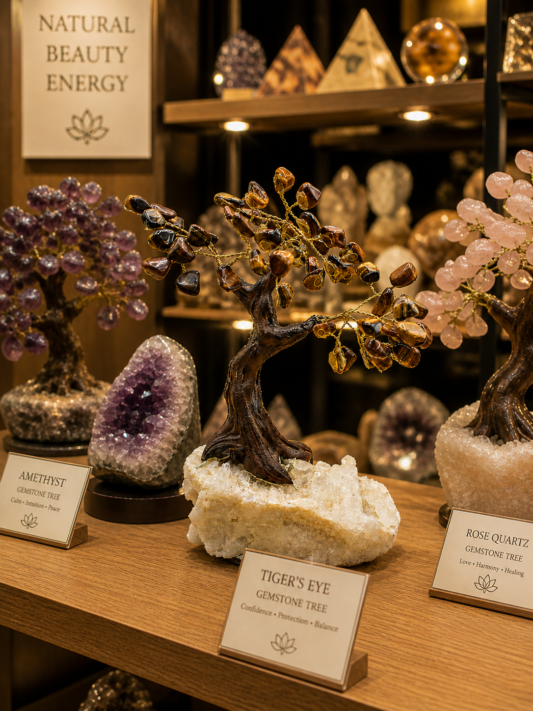 Tiger eye gemstone tree sculpture on a retail shelf alongside similar gemstone decor items, with subtle signage and warm lighting.