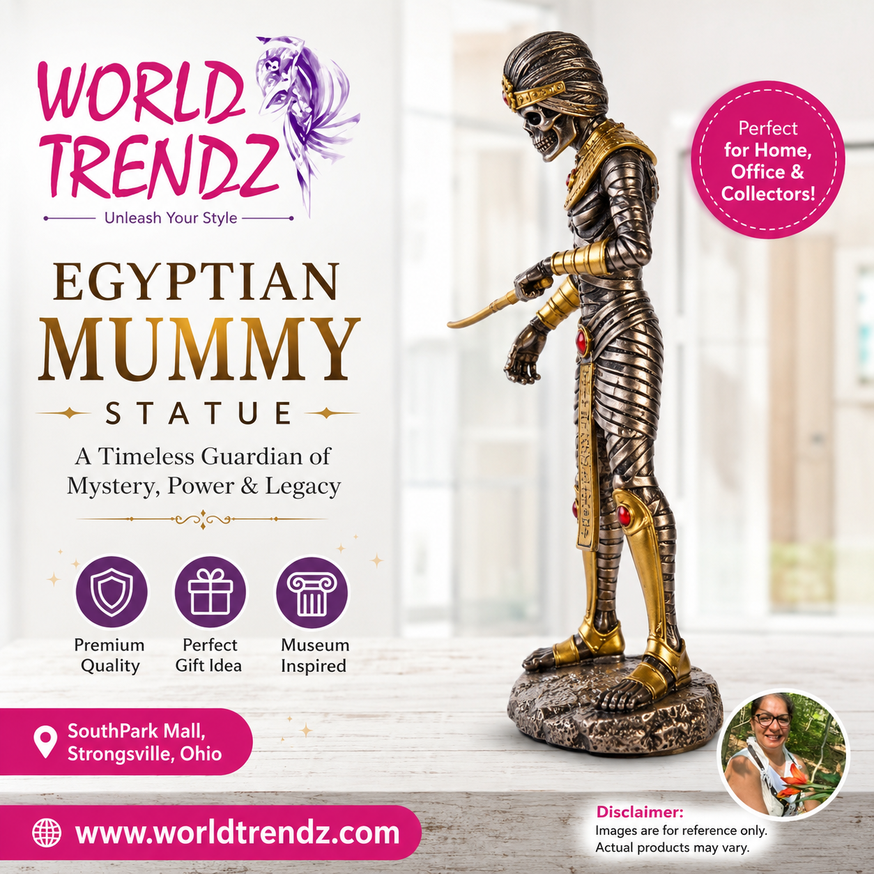 Egyptian mummy statue with promotional text and branding on a white background