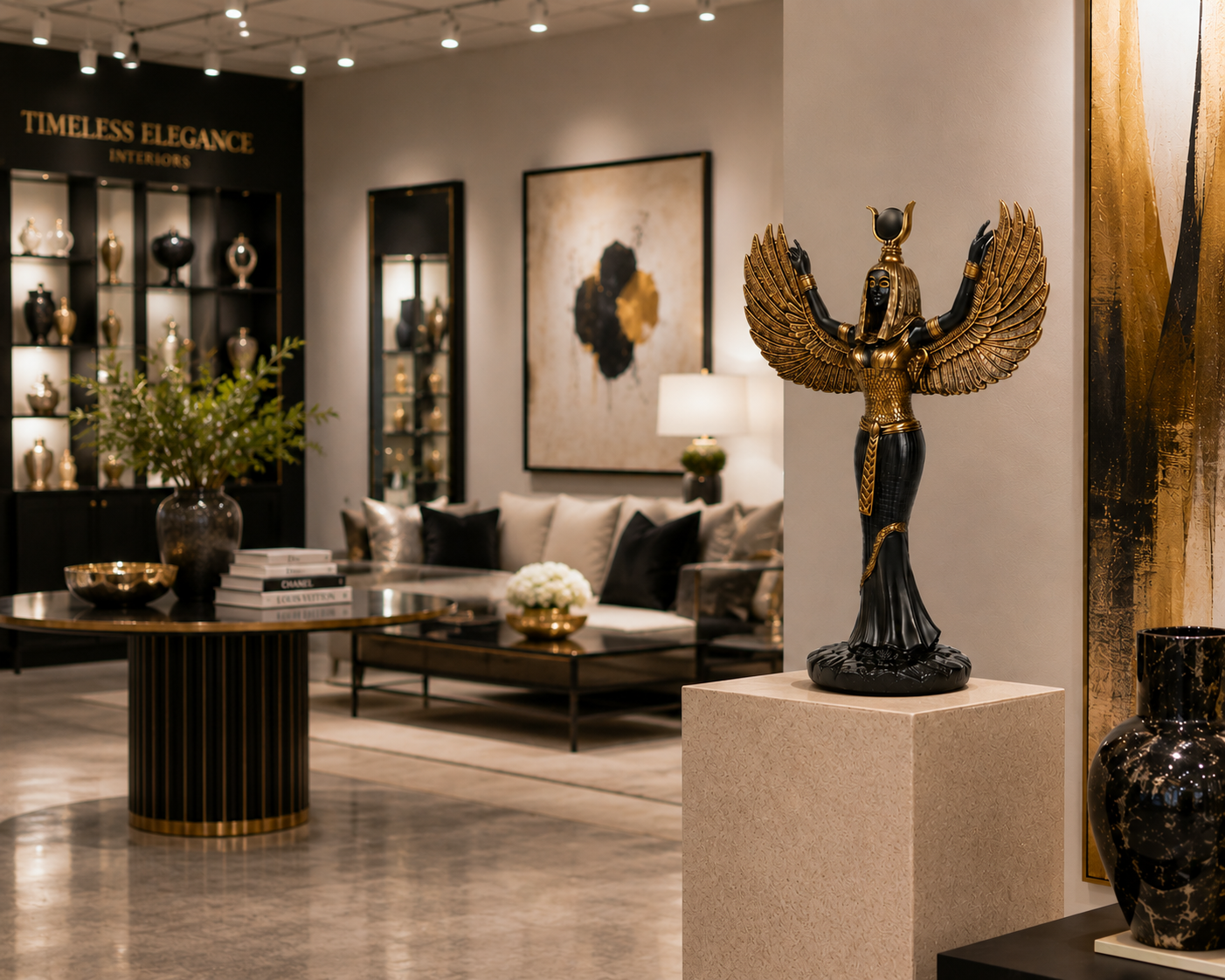 Isis Mythological Black Finish Statue on a pedestal in an elegant interior setting with 'Timeless Elegance Interiors' branding.