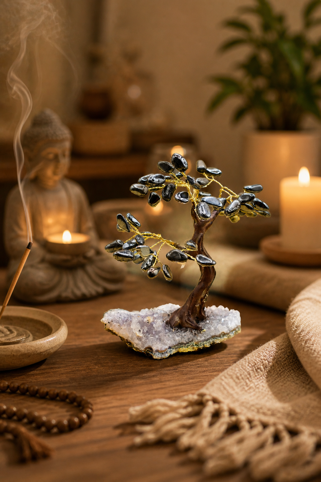 The hematite gemstone tree on a wooden surface within a serene meditation corner, surrounded by softly blurred candles, incense smoke, and neutral-toned fabrics. 