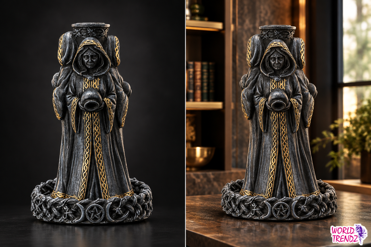 A gothic-style Mother Maiden Crone Mugga Incense Burner with gold accents, shown in two views: a dark studio shot on the left and a lifestyle tabletop scene on the right. The figurine features a textured black and gray robe with gold trim, holding a silver cauldron, and stands on an ornate circular base with pentagram details.