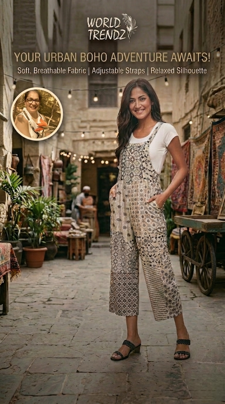 Woman wearing patterned overalls standing in an urban setting with World Trendz branding.