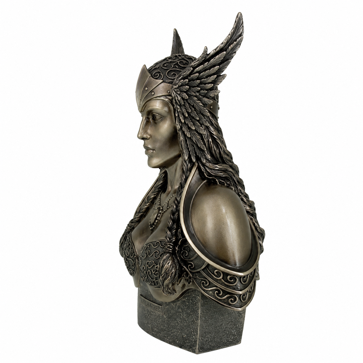Bronze bust of Valkyrie, a warrior with an ornate headdress on a white background