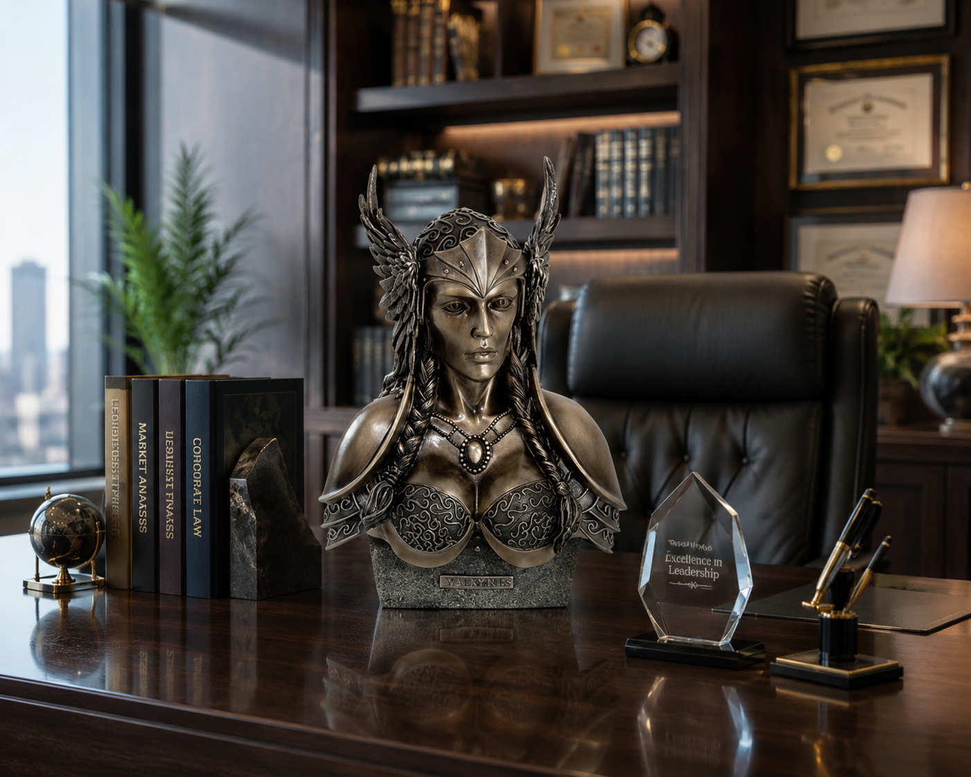 Decorative statue Valkyrie on a desk with books and a chair in the background