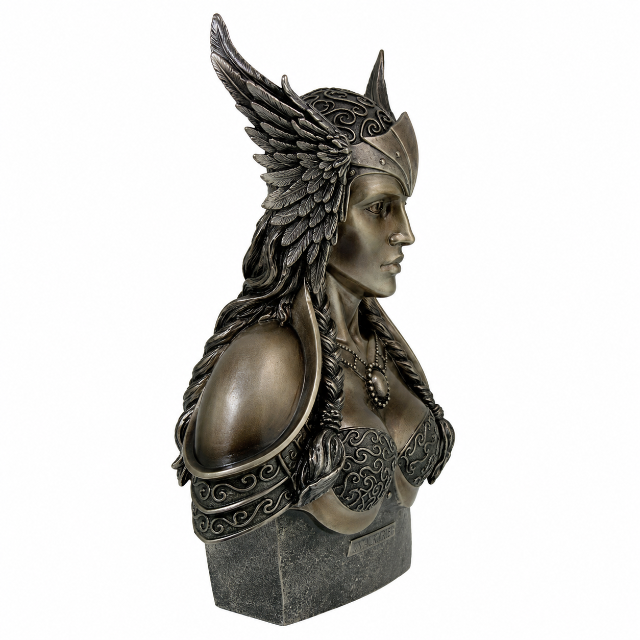 Bronze statue of Valkyrie, a warrior woman with detailed armor and wings on a white background