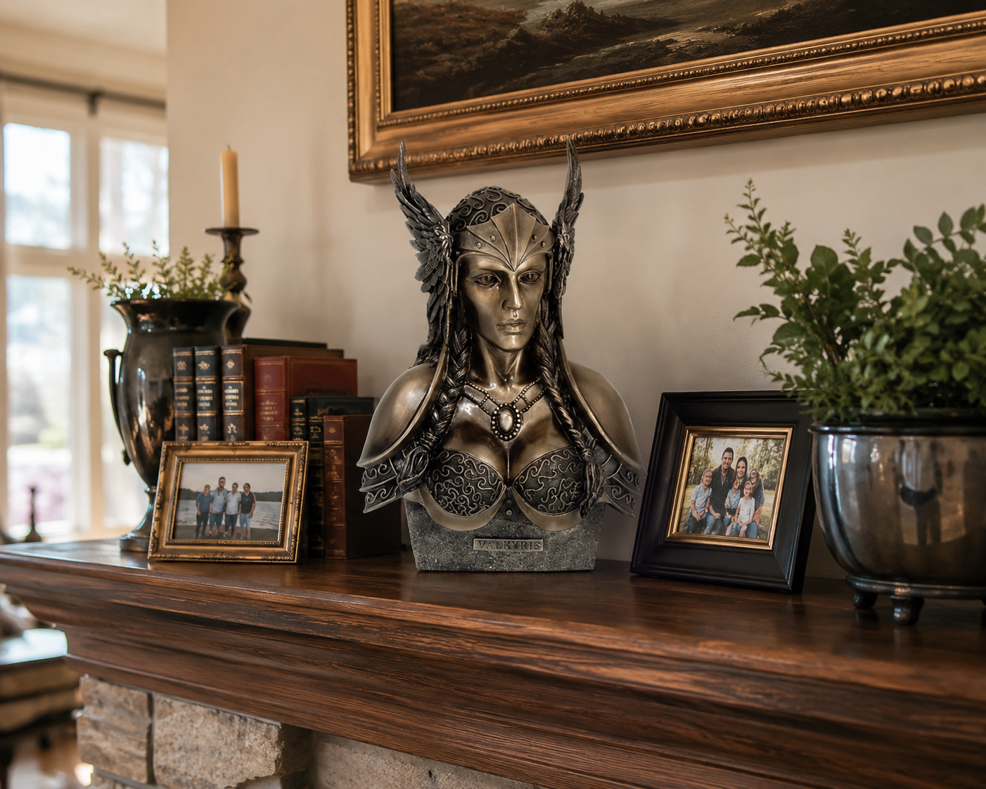 Decorative bust of Valkyrie on a mantelpiece with books, plants, and family photos.