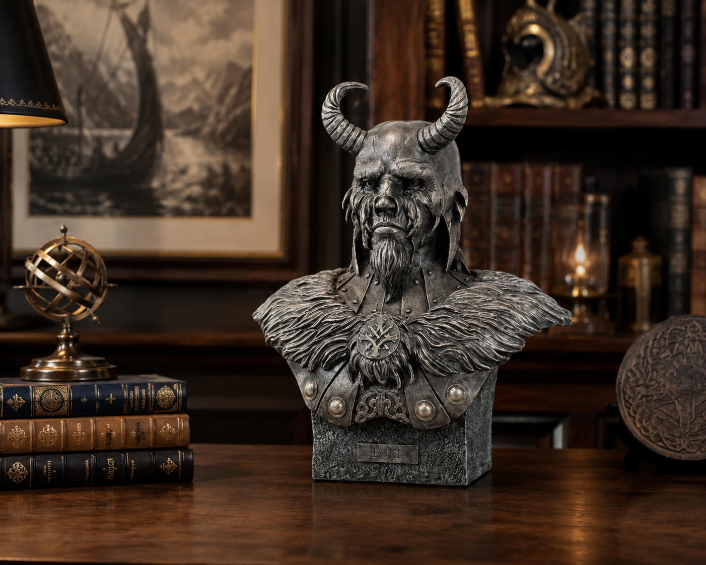 Decorative bust of Loki Armored God w/ Horns on a wooden surface, surrounded by books and a lamp.