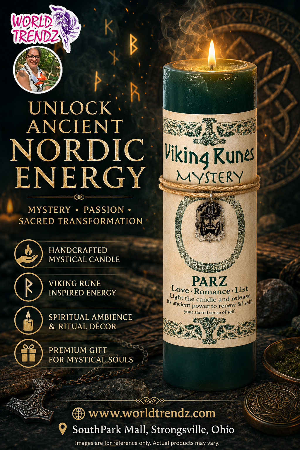 A premium cinematic social media advertisement visual for WorldTrendz featuring the uploaded Viking Runes Mystery Parz Candle image as the hero product.