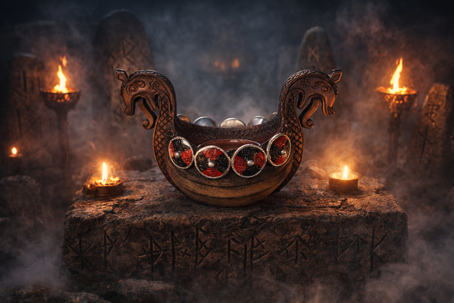 Decorative urn with floral elements on a stone platform surrounded by candles in a mystical setting.
