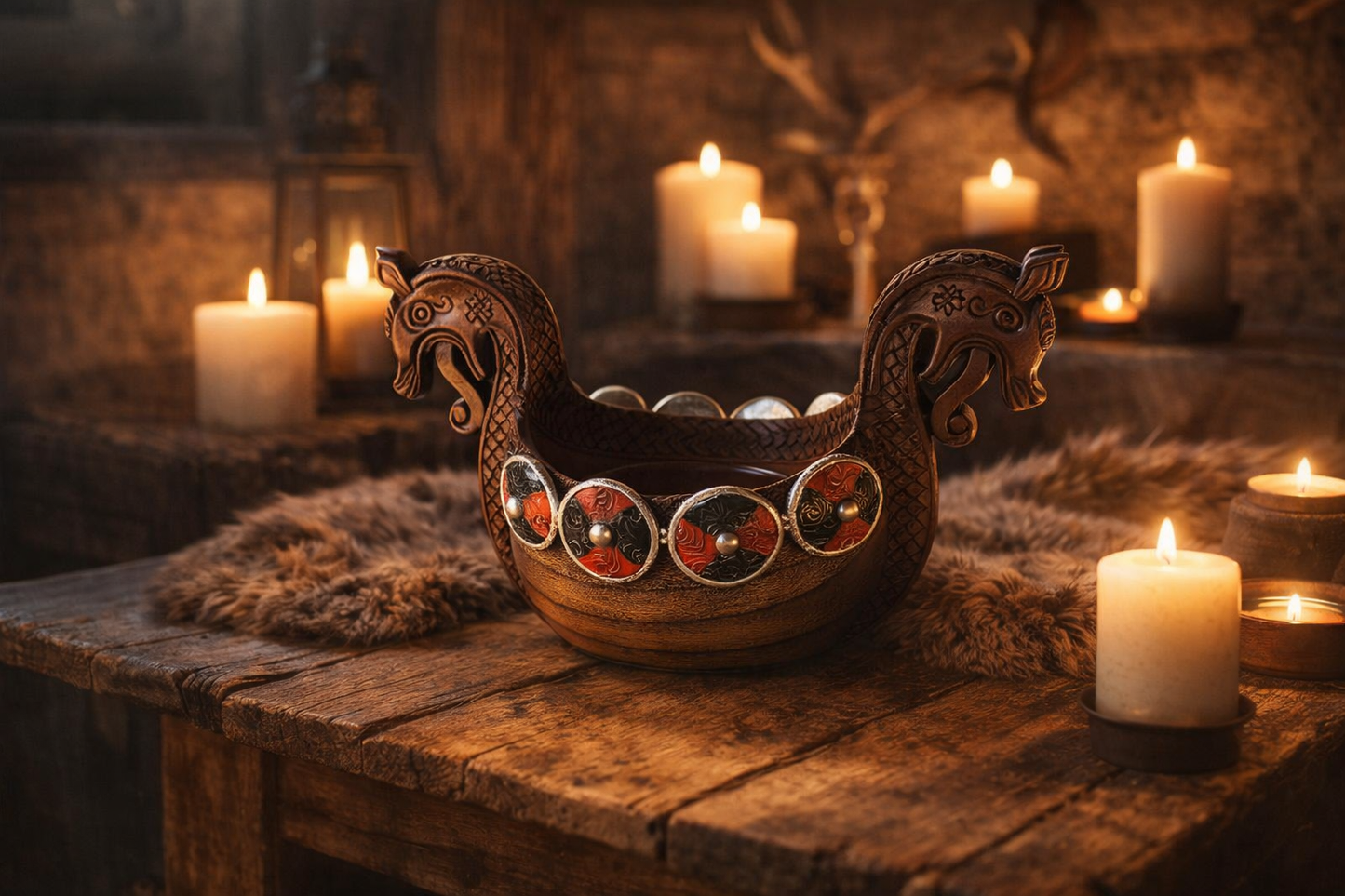 Decorative bowl with dragon handles on a wooden surface surrounded by candles in a warm, rustic setting.
