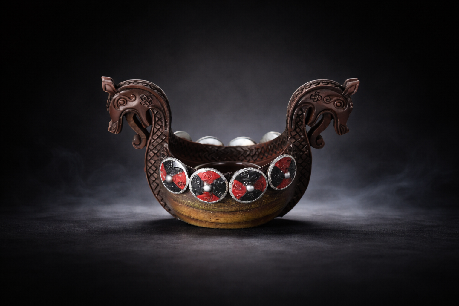 Decorative object resembling a Viking longship with red and silver details on a dark background