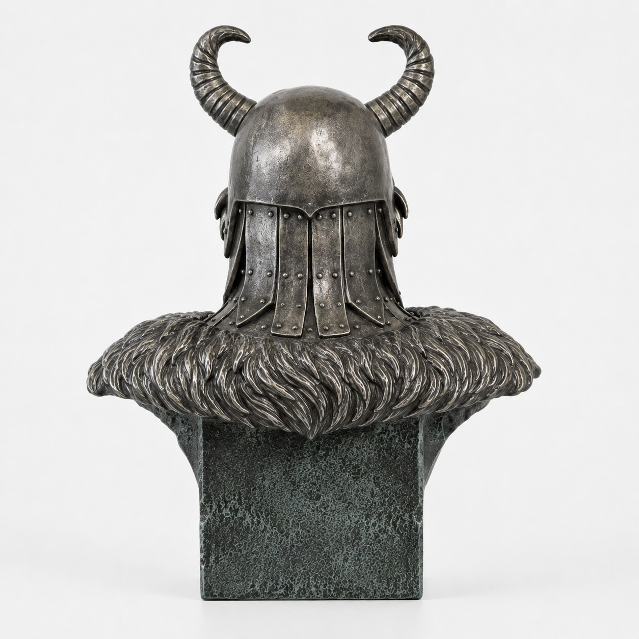 Loki Armored God w/ Horns with Viking helmet with horns on a stone pedestal against a white background