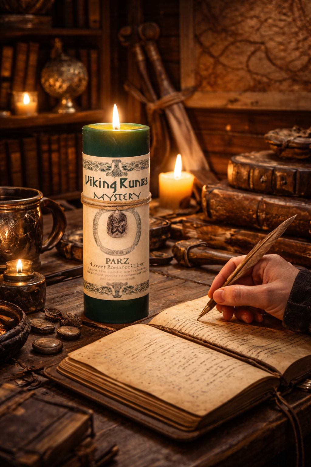 Viking Runes Mystery Parz Candle inside a fantasy-inspired Viking study room with wooden shelves, ancient maps, leather-bound books, runic symbols, and metal artifacts.