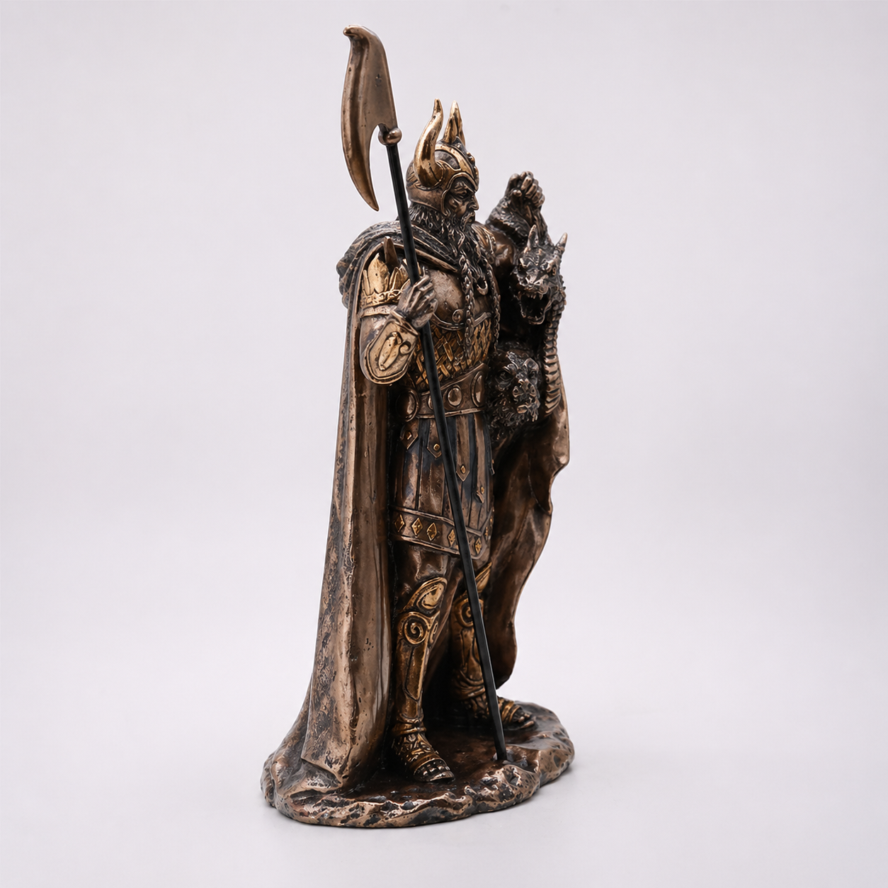 Bronze Loki figurine with a spear on a white background