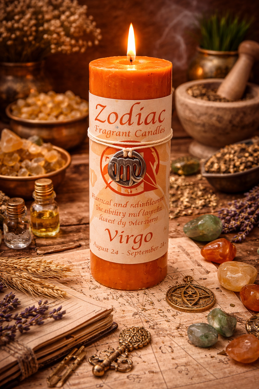 Zodiac fragrant candle labeled 'Virgo' on a mystical table with crystals and herbs.