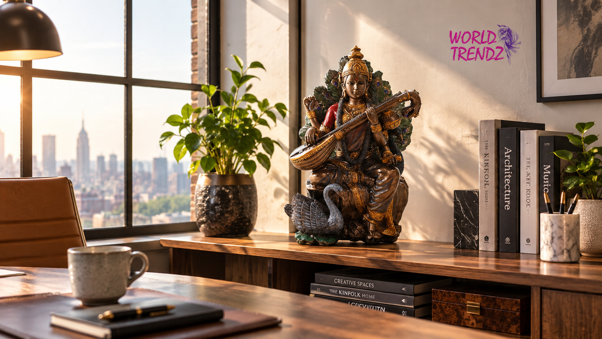 A decorative bronze statue of a seated deity Goddess Saraswati with a veena, displayed on a wooden console table in a modern office setting. The scene includes a potted plant, books, a coffee mug, and a large window showing a city skyline at sunset.