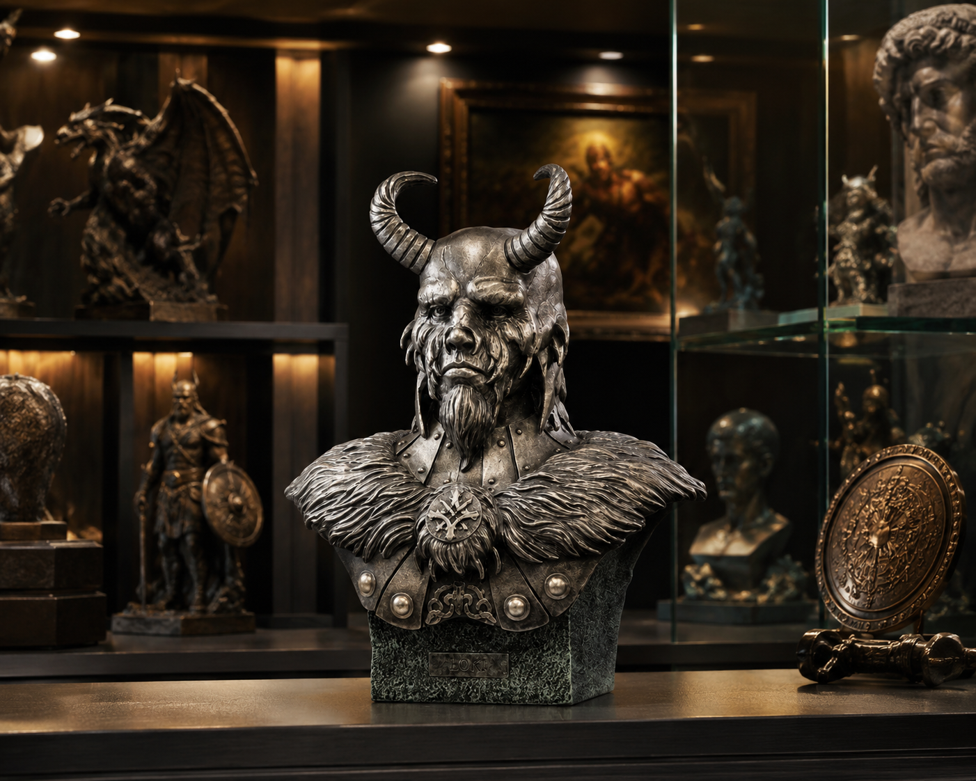 Bronze bust of Loki Armored God w/ Horns in a display case.