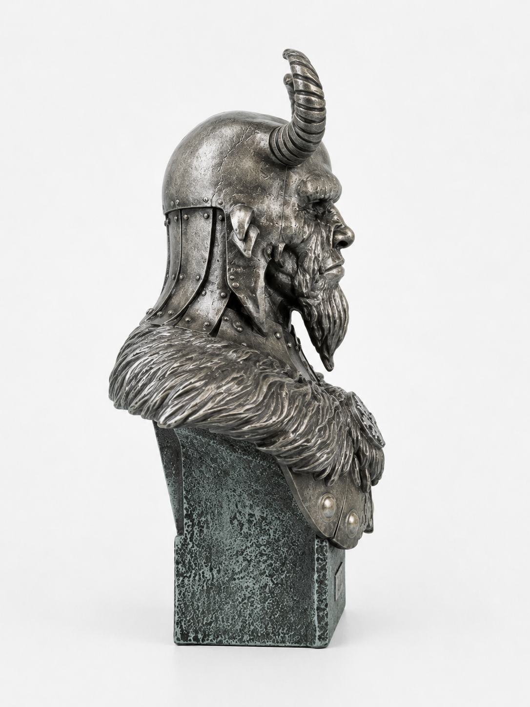 Bronze bust of Loki Armored God w/ Horns, a warrior with a helmet and beard on a white background