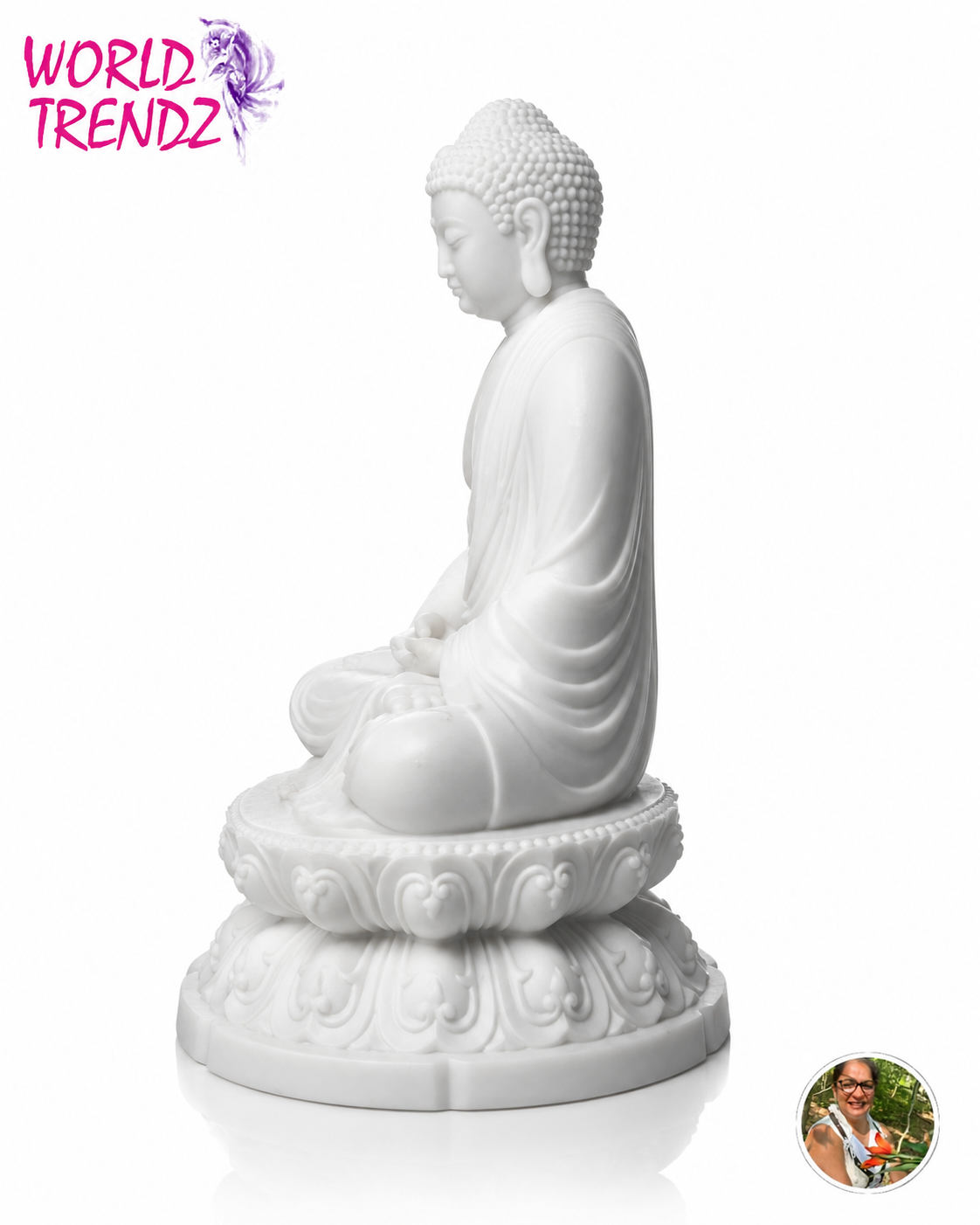 A white seated Buddha statue on an ornate lotus-style base, photographed against a plain white background. A pink 'WORLD TRENDZ' logo appears in the top-left corner, and a small circular photo inset is in the bottom-right corner.