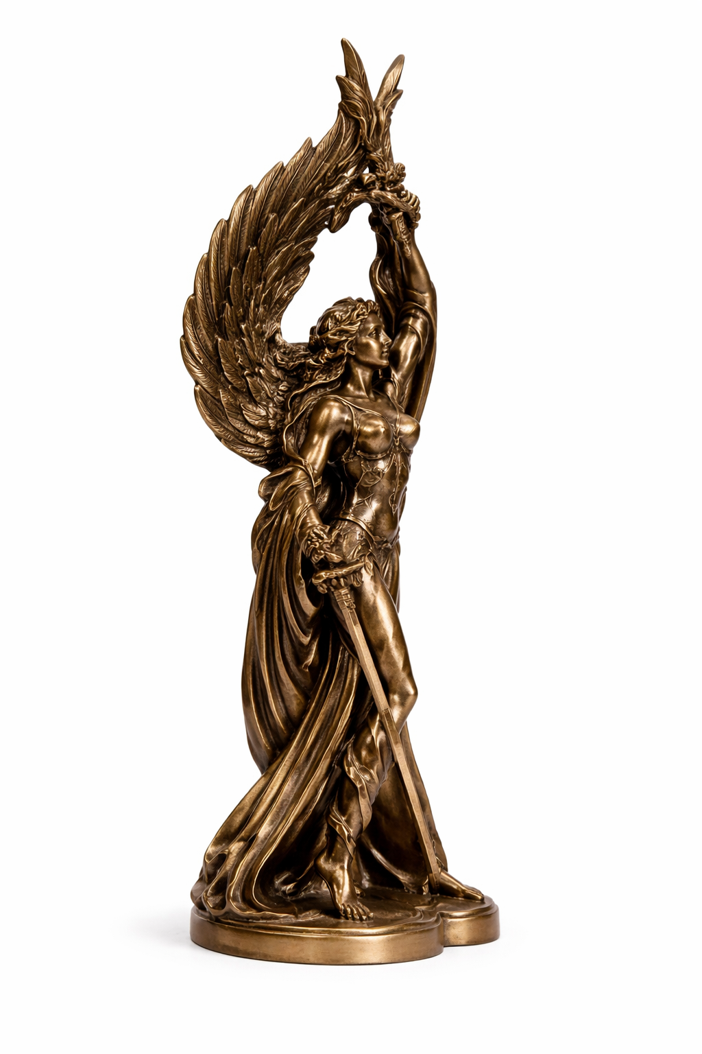 Bronze statue of Goddess Morrigan with wings spread on a white background