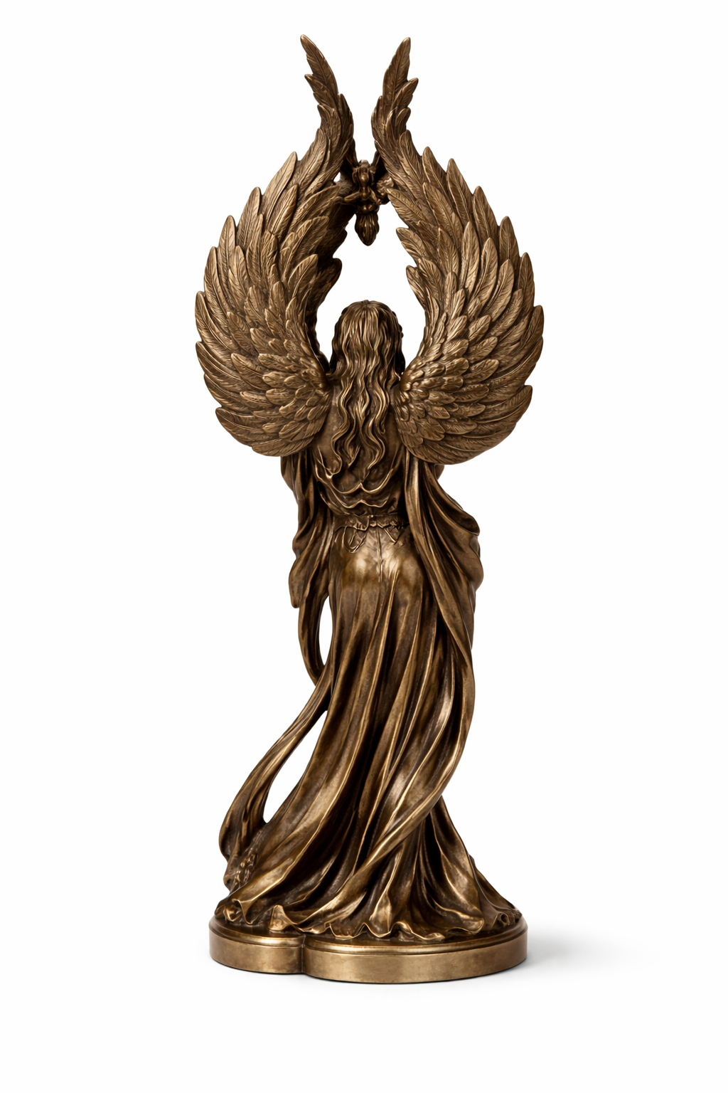 Bronze statue of Goddess Morrigan with outstretched wings on a white background