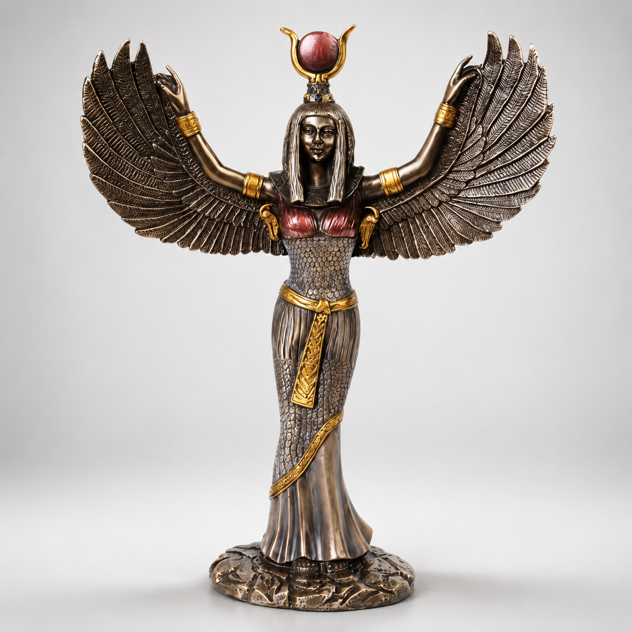 Statue of Isis Mythological Bronze Finish, a winged figure with Egyptian-style headdress on a white background