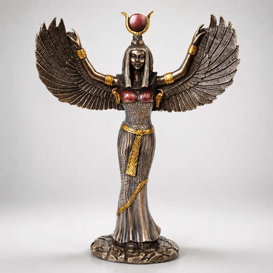 Statue of Isis Mythological Bronze Finish, a winged figure with Egyptian-style headdress on a white background
