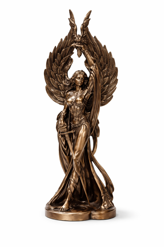 Bronze Goddess Morrigan statue on a white background
