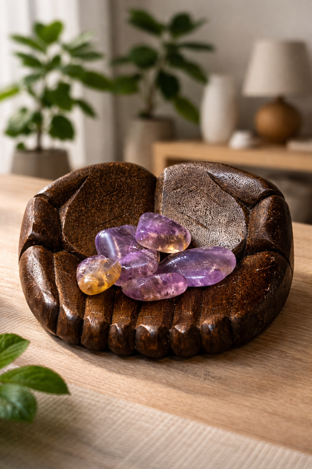 Wooden bowl with Ametrine stones on a wooden surface with plants in the background