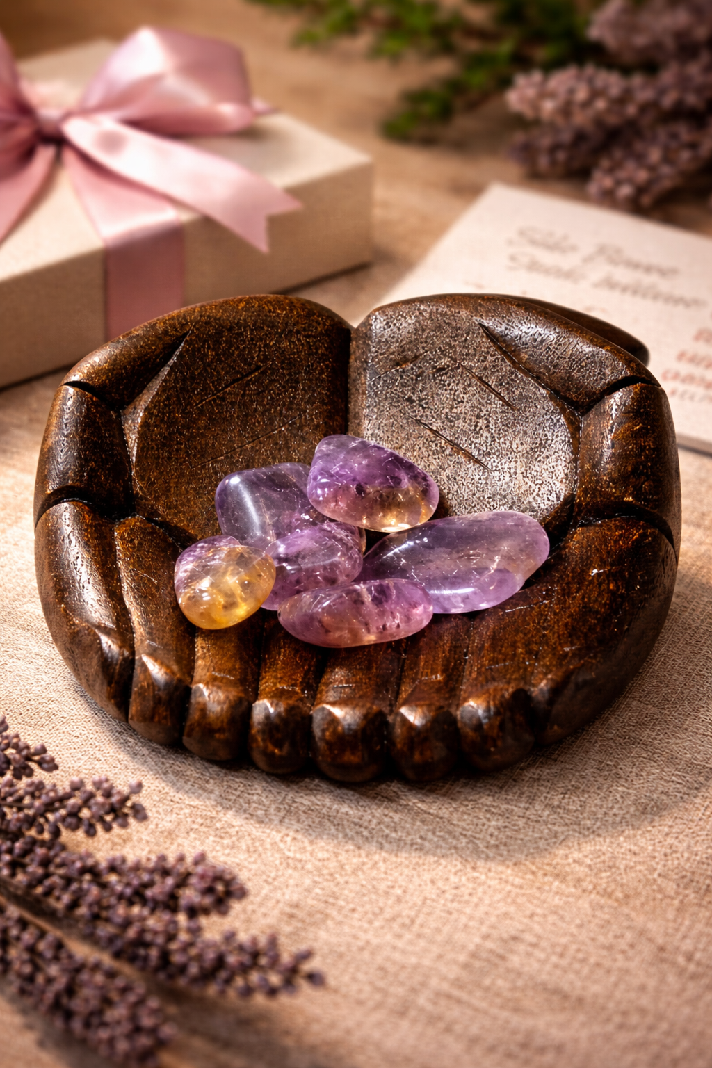 Wooden leaf-shaped dish with ametrine stones on a textured surface with lavender flowers.
