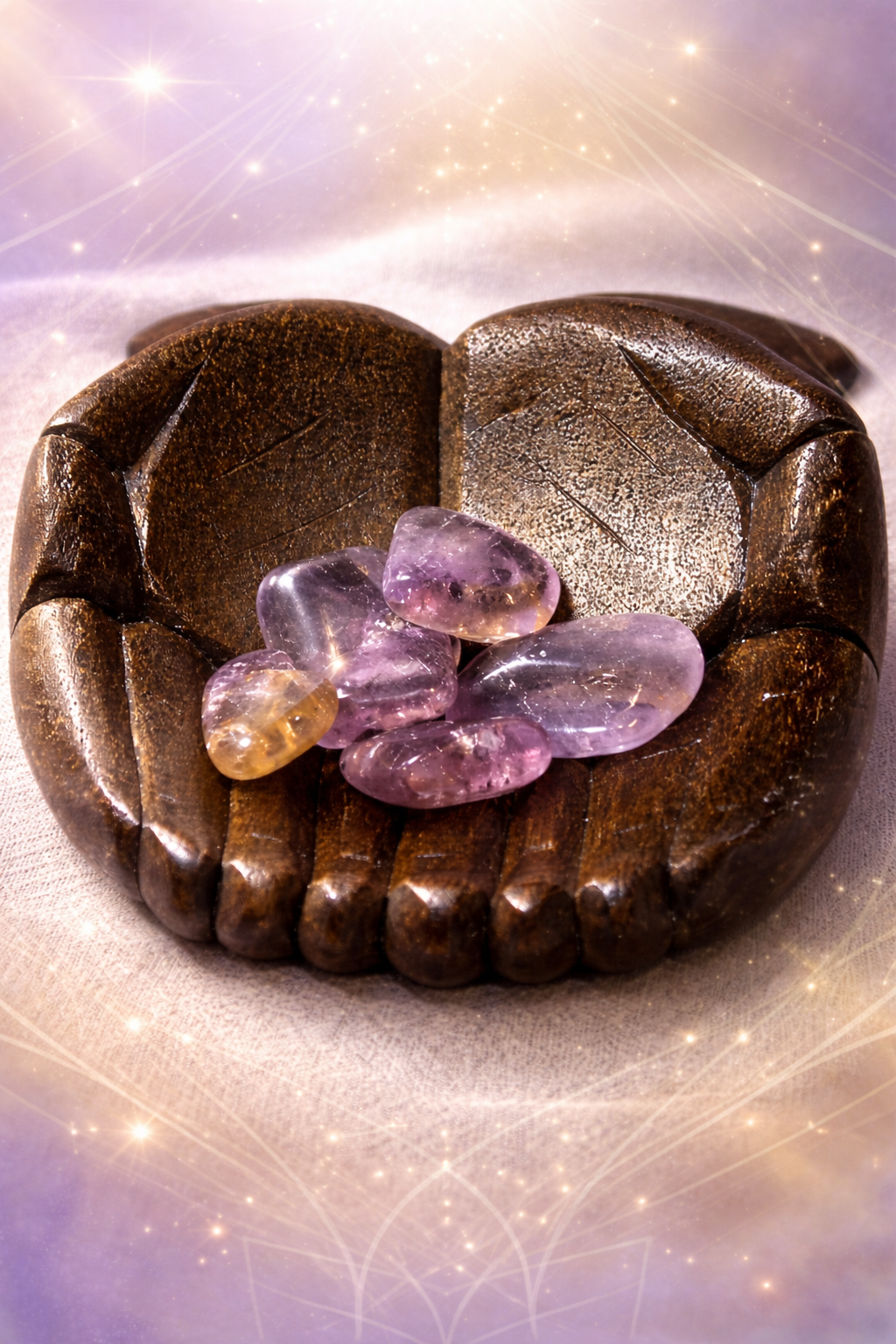 Subtle gradient background inspired by chakra colors (soft purples, golds, and whites) of Ametrine Gemstone.