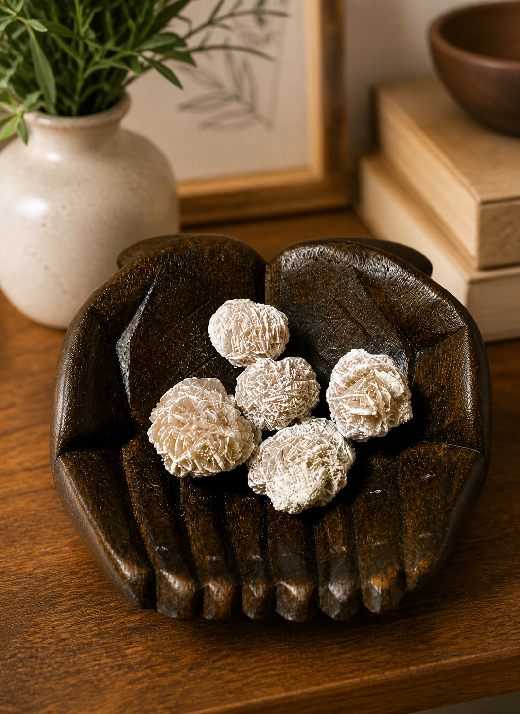 A close-up decorative still life of desert rose stones arranged in a sculpted wooden hands dish, styled as an elegant home décor piece. Warm tones of the wood contrast with the soft beige crystals, highlighting their use as a natural accent in interior design, shelf styling, or coffee table arrangements.