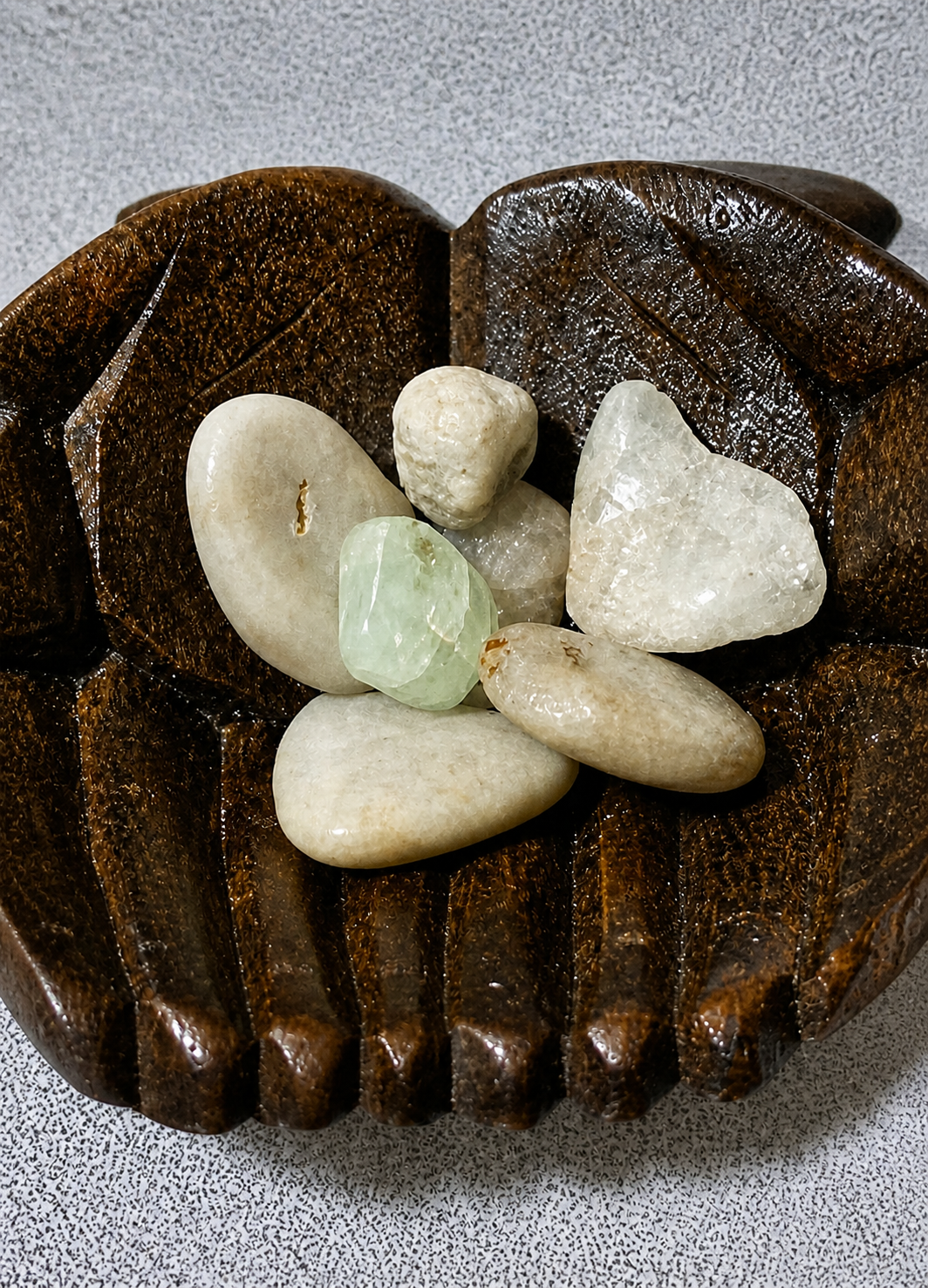 A detailed product-style image of raw aquamarine stones arranged in a carved wooden holder. Highlight the textures, translucency, and natural shapes as inspiration for handmade jewelry design. Maintain original composition while enhancing clarity to showcase gemstone quality and crafting potential.