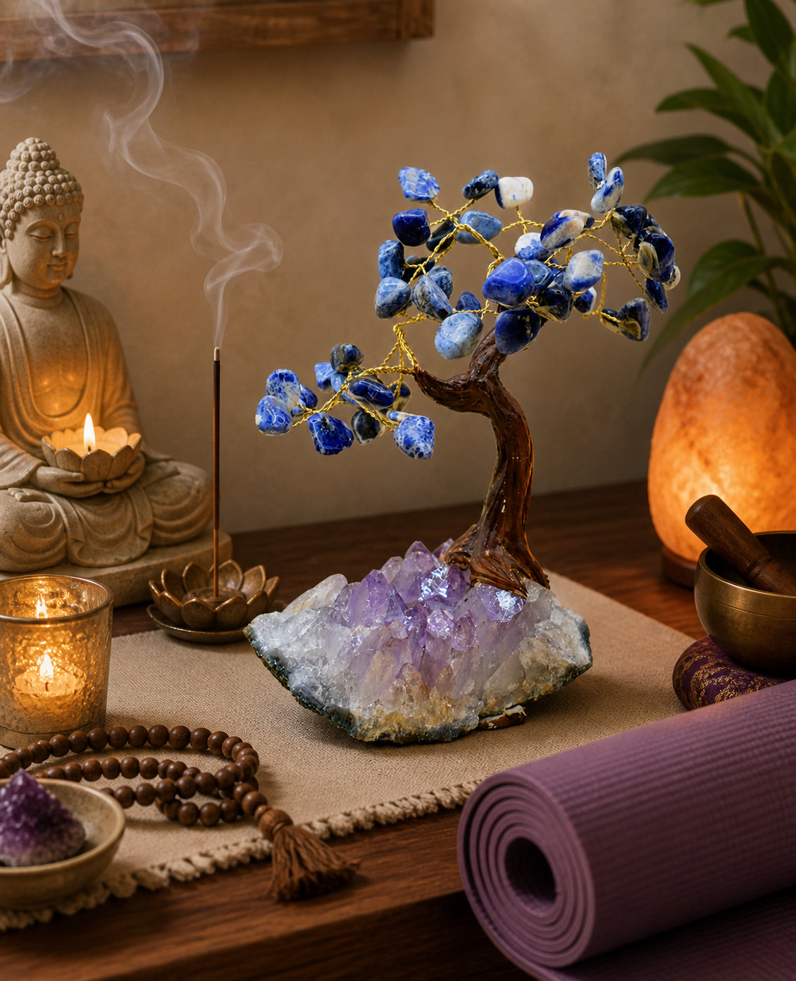 Sodalite gemstone tree positioned on a meditation altar with candles, incense, and a yoga mat nearby, creating a peaceful and spiritual environment that highlights mindfulness and energy balance.