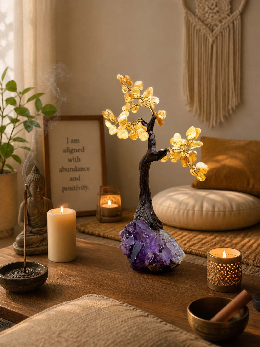 A calm meditation corner with cushions, candles, and incense, where the citrine gemstone tree sits prominently, used by the individual as a symbol of positive energy and abundance during mindfulness practice.