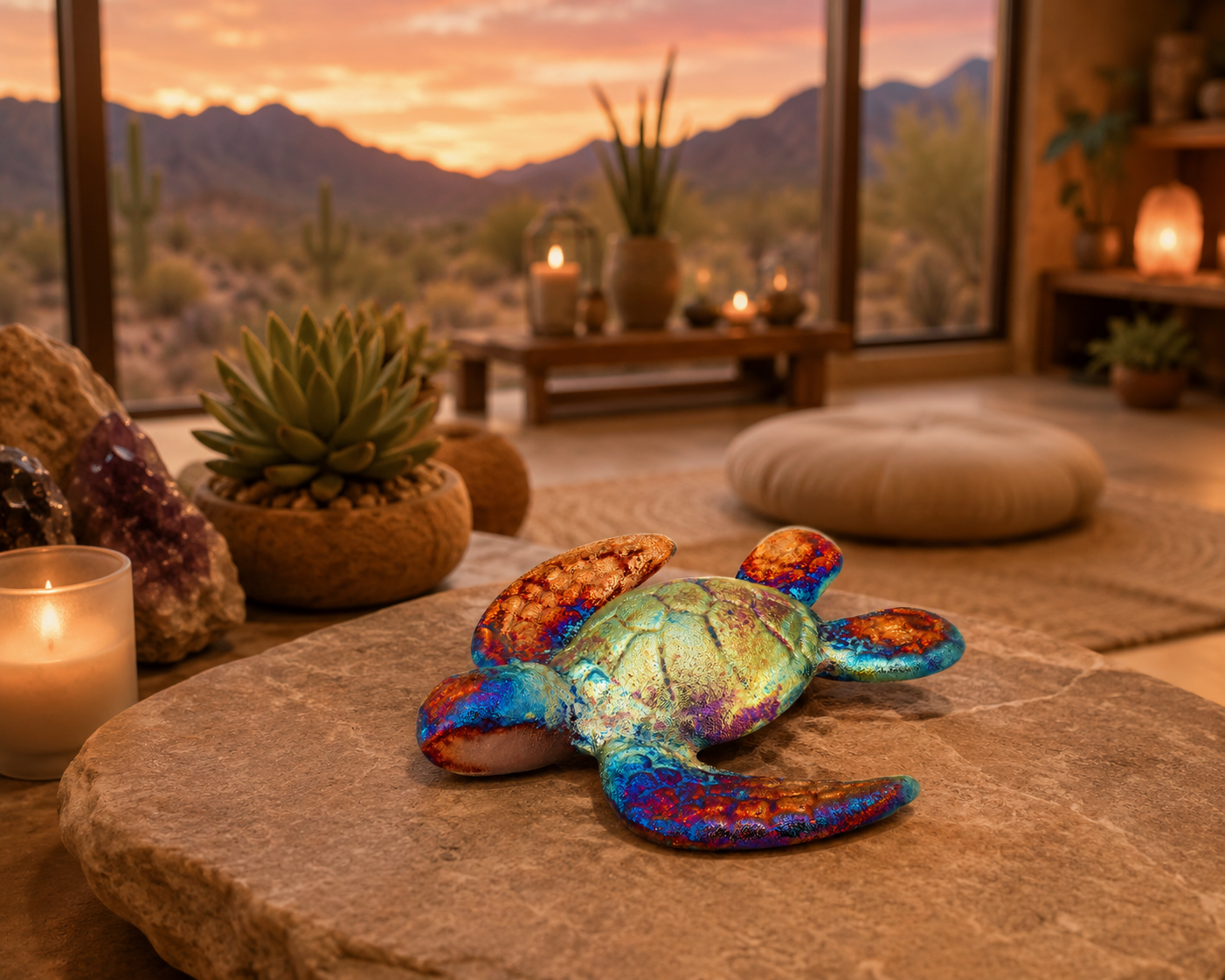 Colorful turtle figurine on a stone surface with a desert landscape and sunset in the background.
