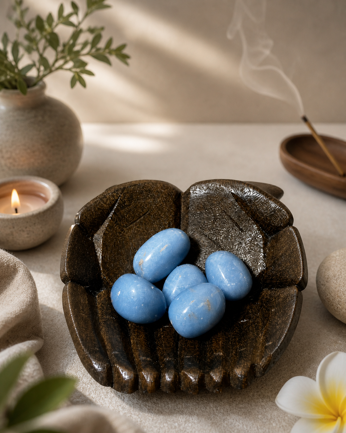 A serene, spa-like atmosphere surrounding the Angelite gemstone n a carved wooden bowl. Soft, diffused natural light, faint incense smoke in the background, neutral tones, and a calm, minimal setting suggesting the stones are being used for meditation and emotional balance. Emphasis on tranquility, clarity, and inner peace.