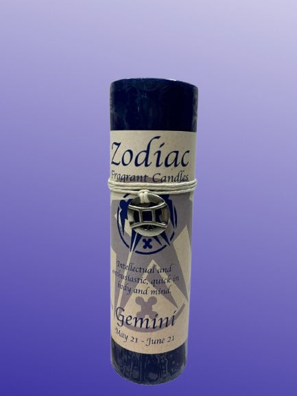 Zodiac candle labeled 'Gemini' on a purple background