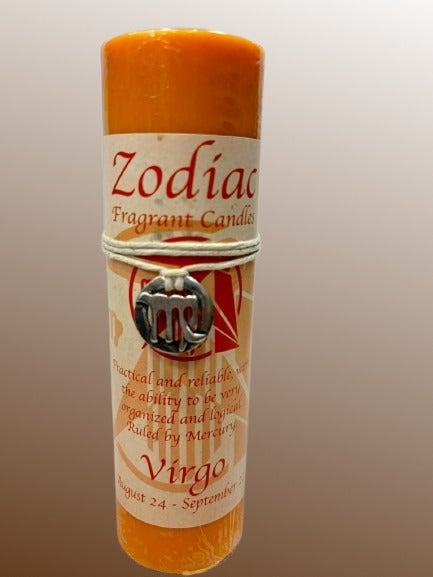 Zodiac Virgo candle with label on a gradient background