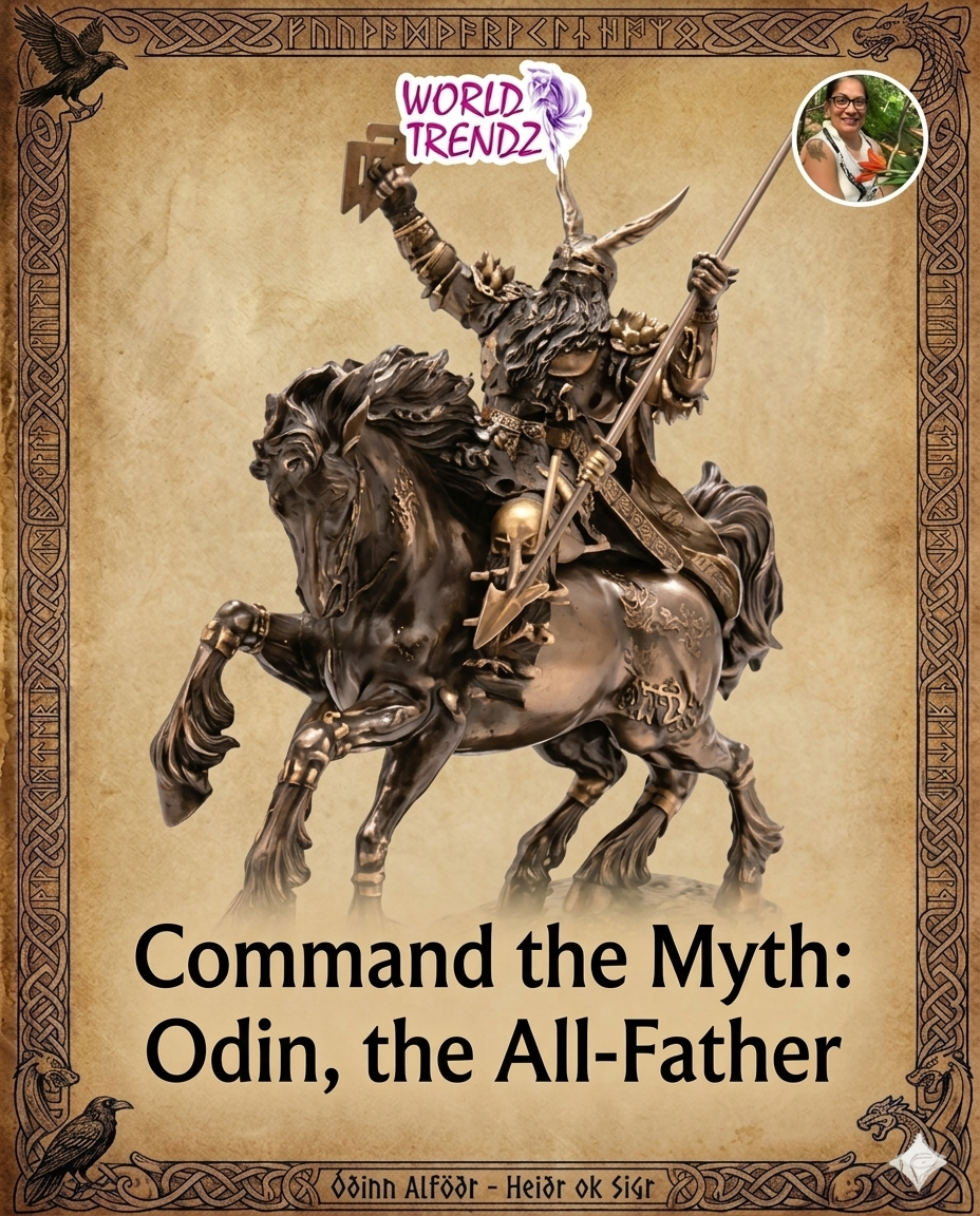 Statue of Odin on a horse with decorative frame and text 'Command the Myth: Odin, the All-Father'.
