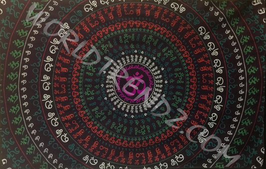OM RINGS MANDALA TAPESTRY BLACK BACKGROUND
