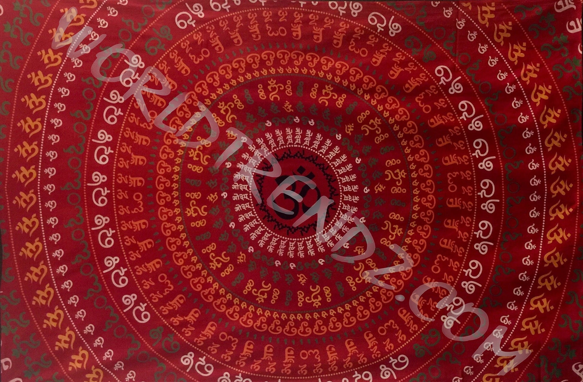 OM RINGS MANDALA TAPESTRY RED BACKGROUND